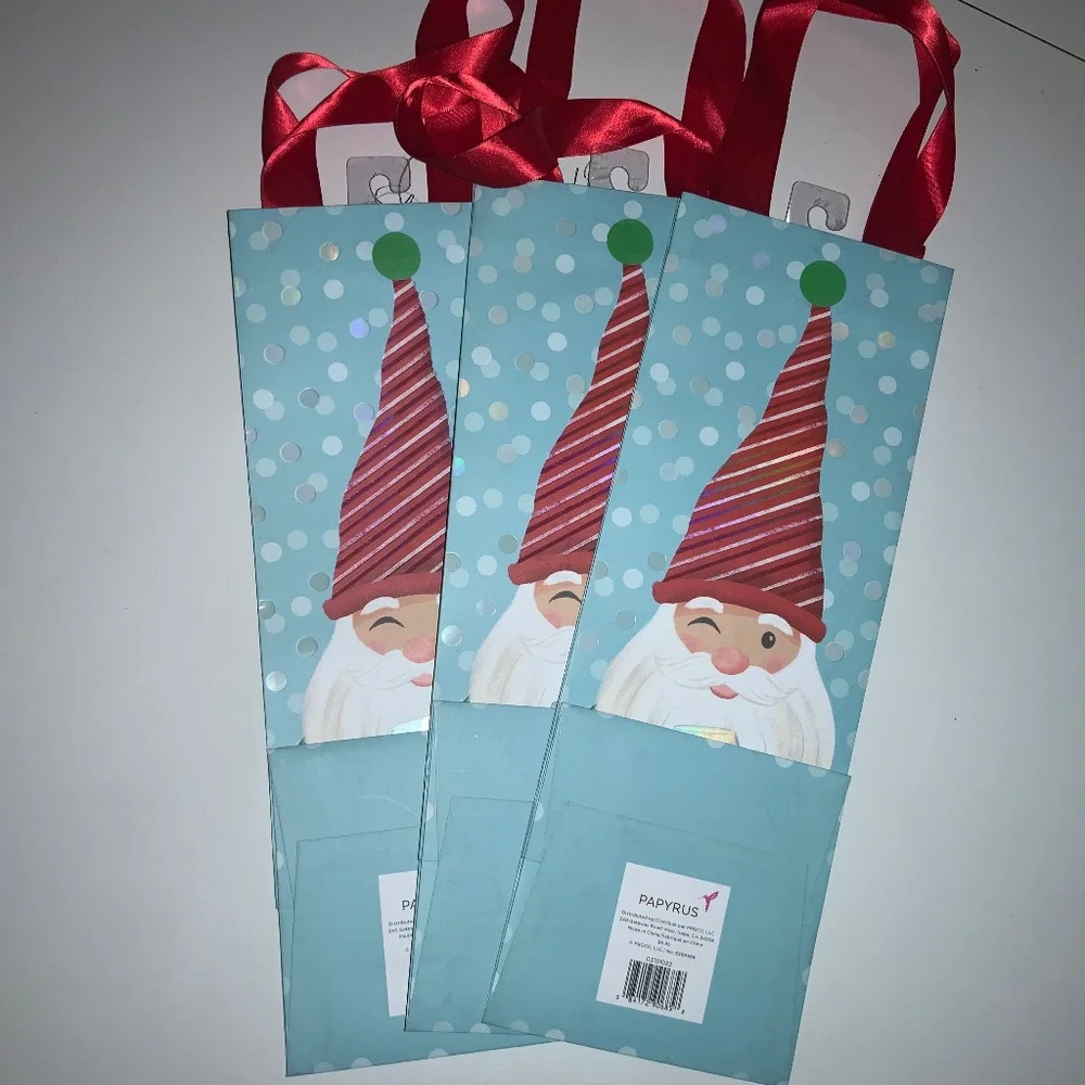 Papyrus 3 Christmas gnome wine bags ribbon handles New